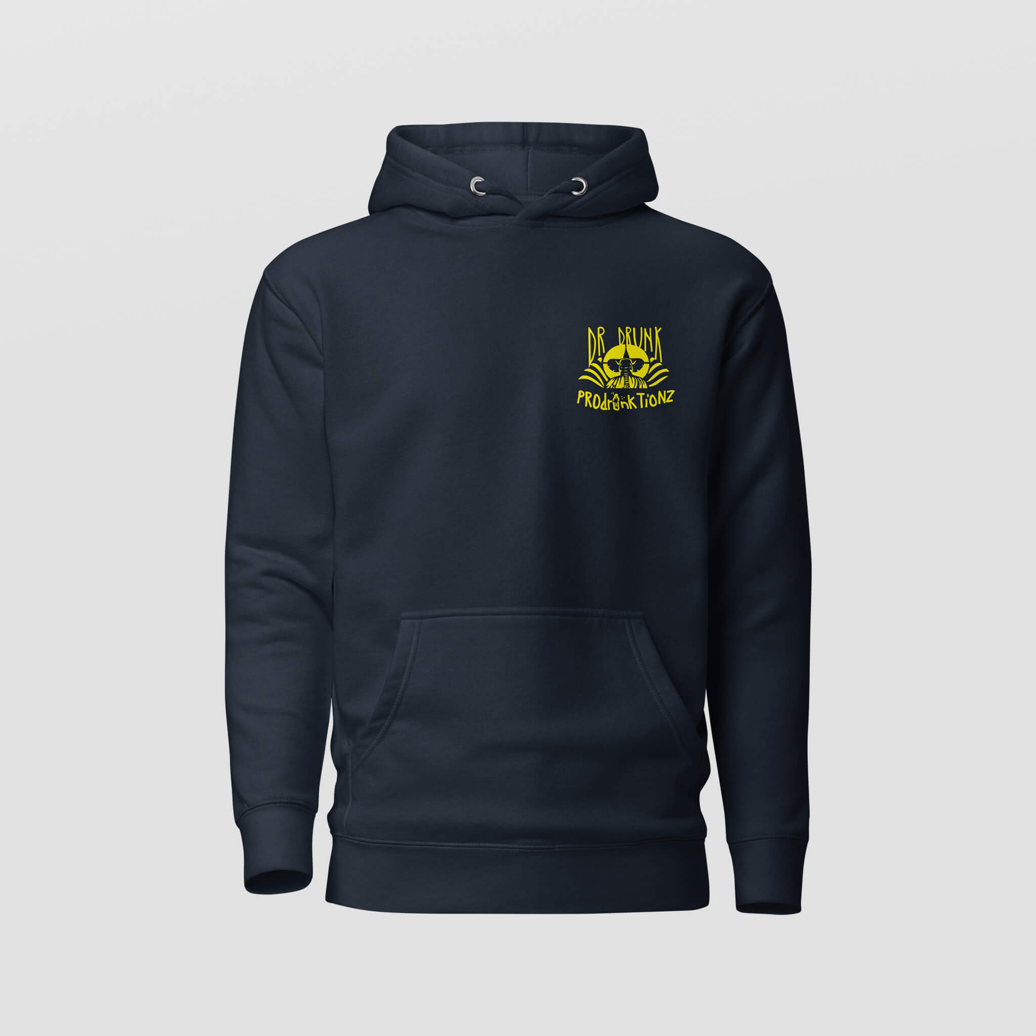 Navy Dr Drunk Hoodie with yellow logo design on the chest, large adjustable hood, and kangaroo pocket.