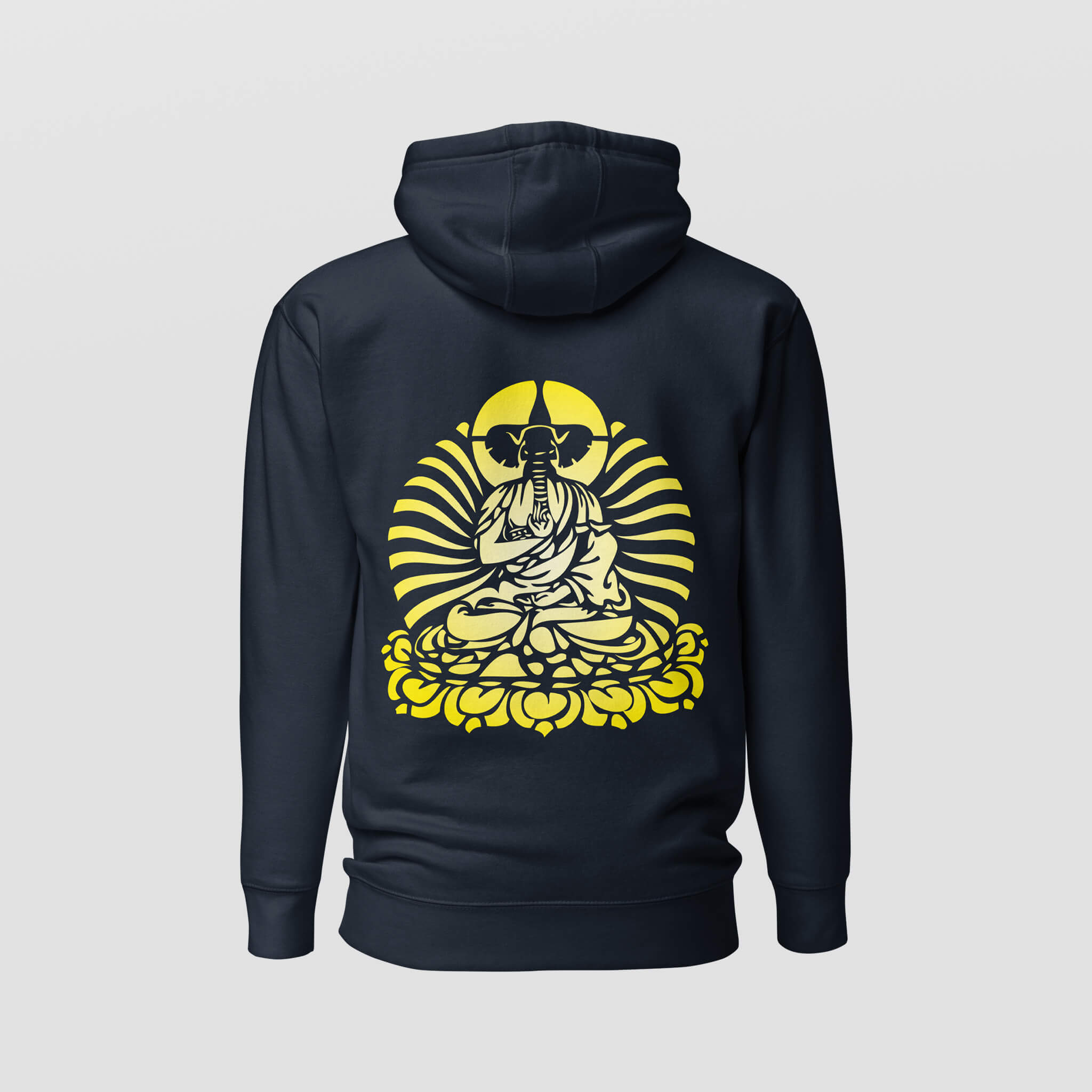 Navy Dr Drunk hoodie with large yellow graphic of a meditating elephant figure on the back.